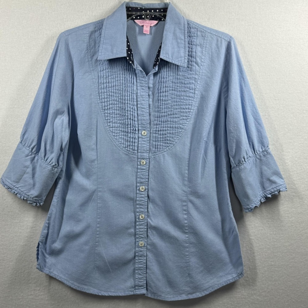 Lilly Pulitzer Shirt Womens 10 Blue Button Front Pleated Bib‎ 3/4 Sleeve Top